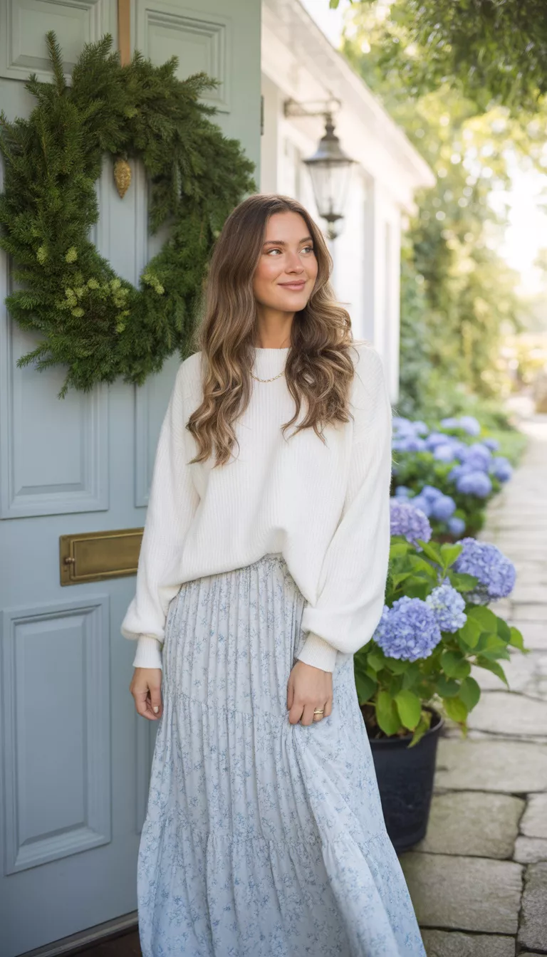 A beautiful woman in a chunky white sweater and a light blue floral tiered maxi skirt, she stands by a light blue front door with a wreath.
