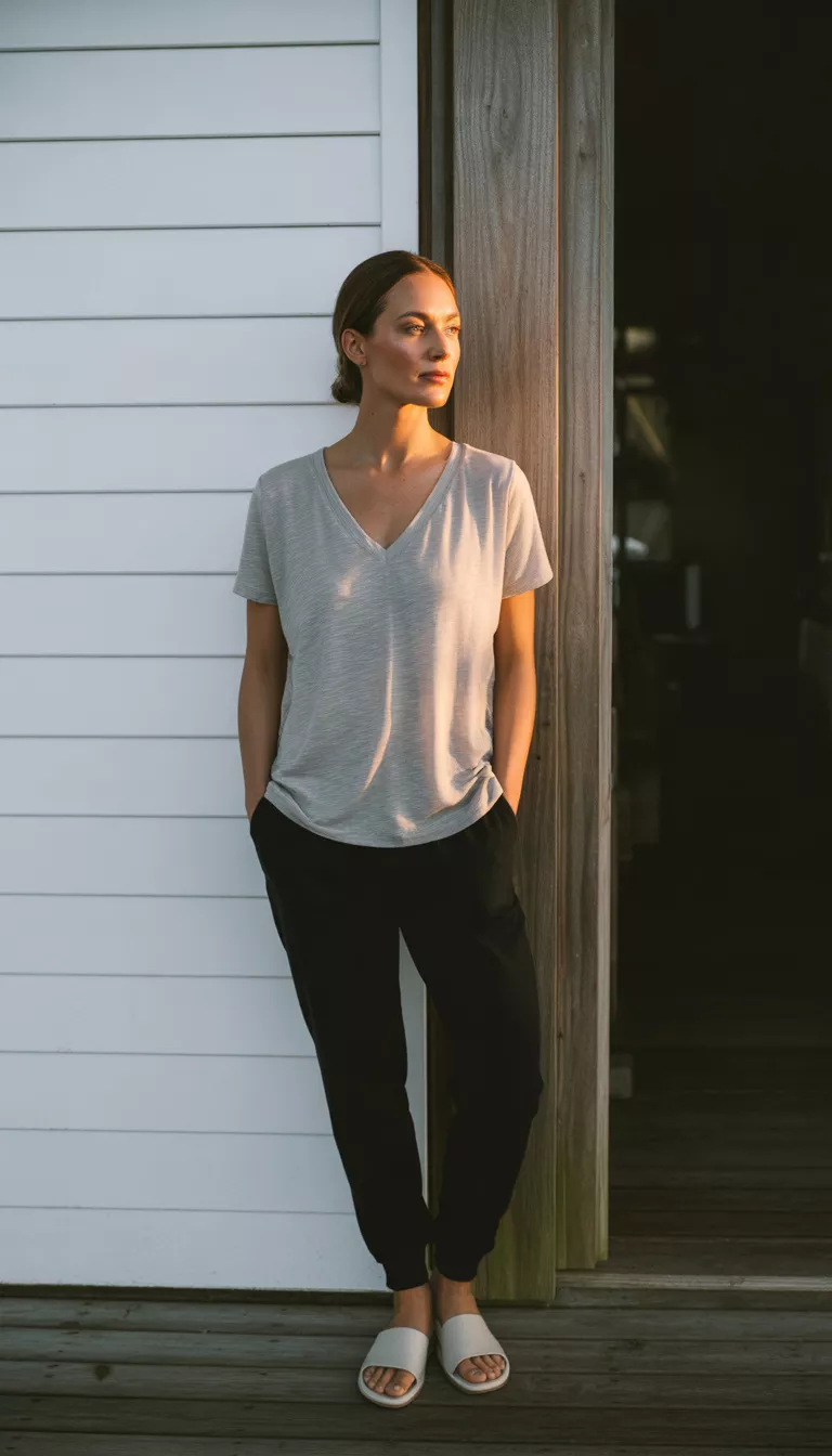 A beautiful woman in a loose grey v-neck tee, black joggers, and white slide sandals, she stands on a wooden plank against white siding.