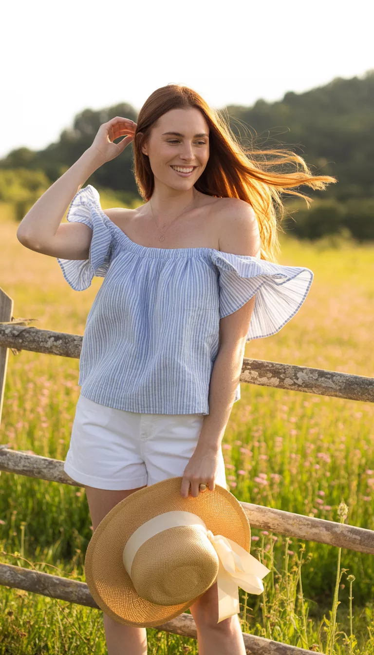 A beautiful woman in a blue and white striped top with ruffled sleeves and white shorts, she wears white sandals and holds onto a hat outdoors.