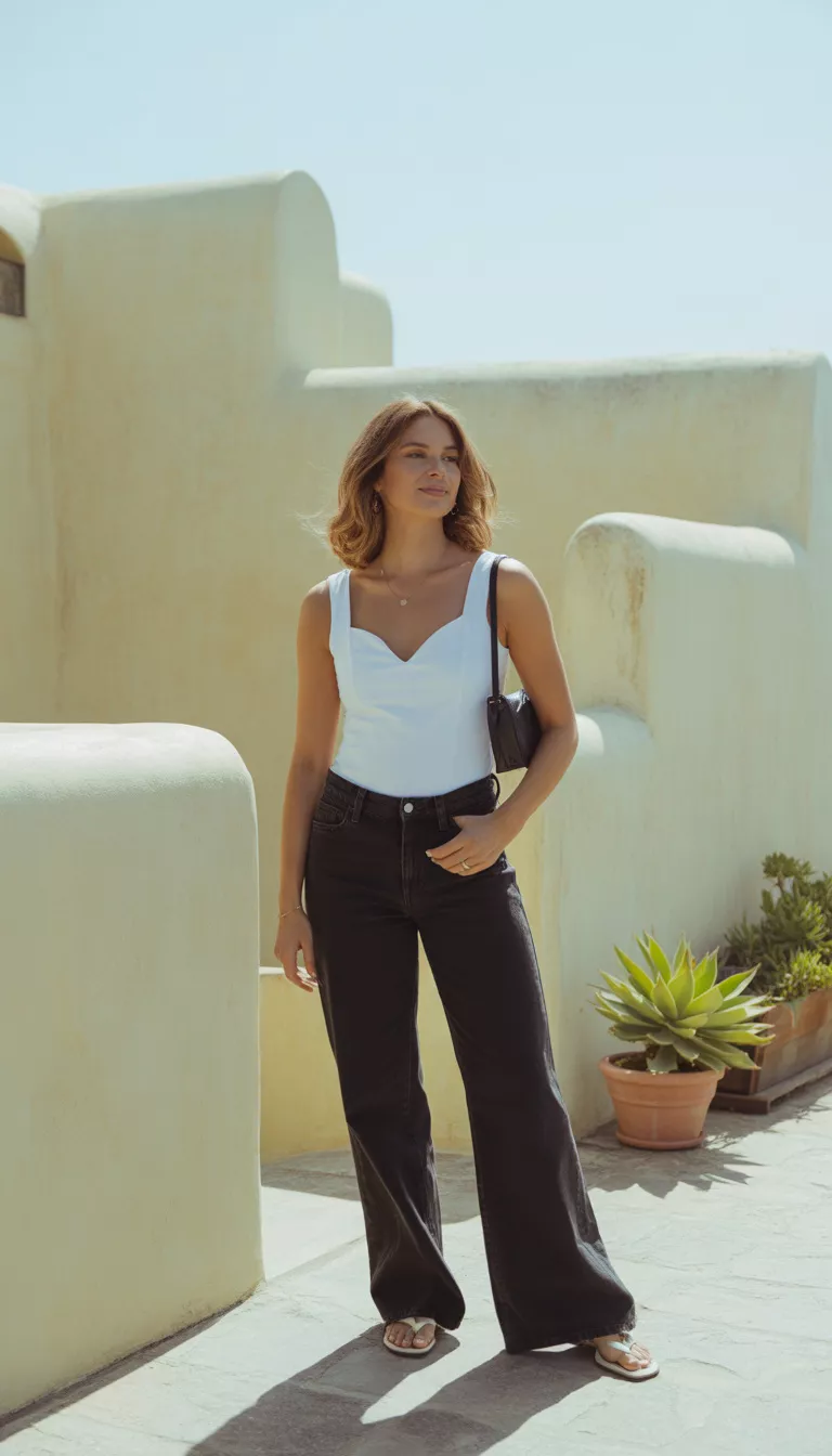 A beautiful woman in a white sweetheart neckline bodysuit, wide-leg black jeans, and light flip-flops, she carries a small black bag.