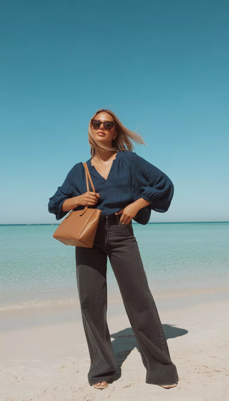 A beautiful woman in a navy blue voluminous top, wide-leg dark jeans, sunglasses, and a structured tan handbag, she stands on a beach.