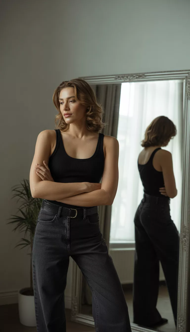 A beautiful woman in a black tank top, black belt, and dark wide-leg jeans, she poses in front of a full-length mirror.