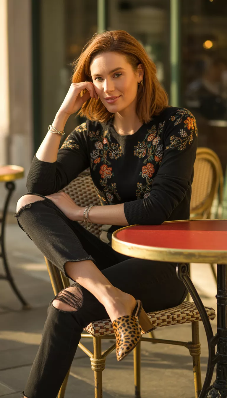 A beautiful woman in a black long-sleeved embroidered sweater, ripped black jeans, and leopard print mules, she sits outside by a red table.