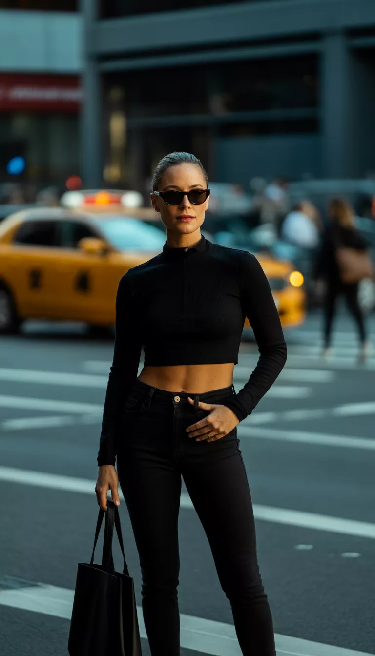 A beautiful woman in a black mock neck crop top, high-waisted black skinny jeans, and sunglasses, she holds a black tote.