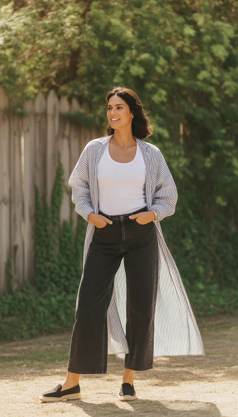 A beautiful woman in a white tank top, wide-leg dark jeans, black espadrille loafers, and a long striped open duster, she stands outdoors.