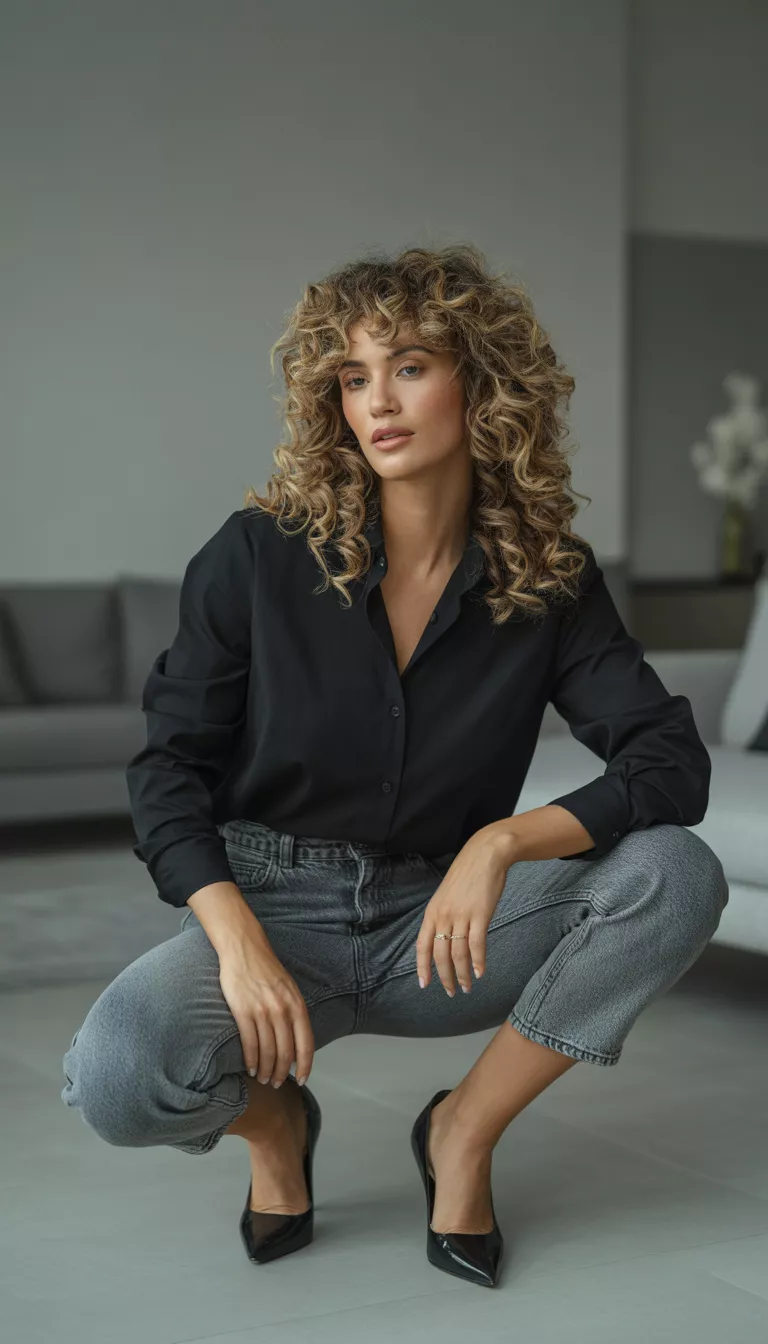 A beautiful woman with curly blonde hair in a black button-down shirt half-tucked into grey cropped jeans and black pointed heels, she poses indoors.