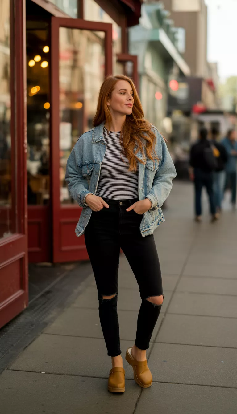 A beautiful woman in a striped top, black skinny jeans with rips, a light denim jacket, and tan clogs, she stands outside.