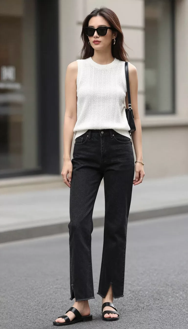 A beautiful woman in a white textured sleeveless top, straight-leg dark black jeans with splits, black leather sandals, and sunglasses, she stands on a street.