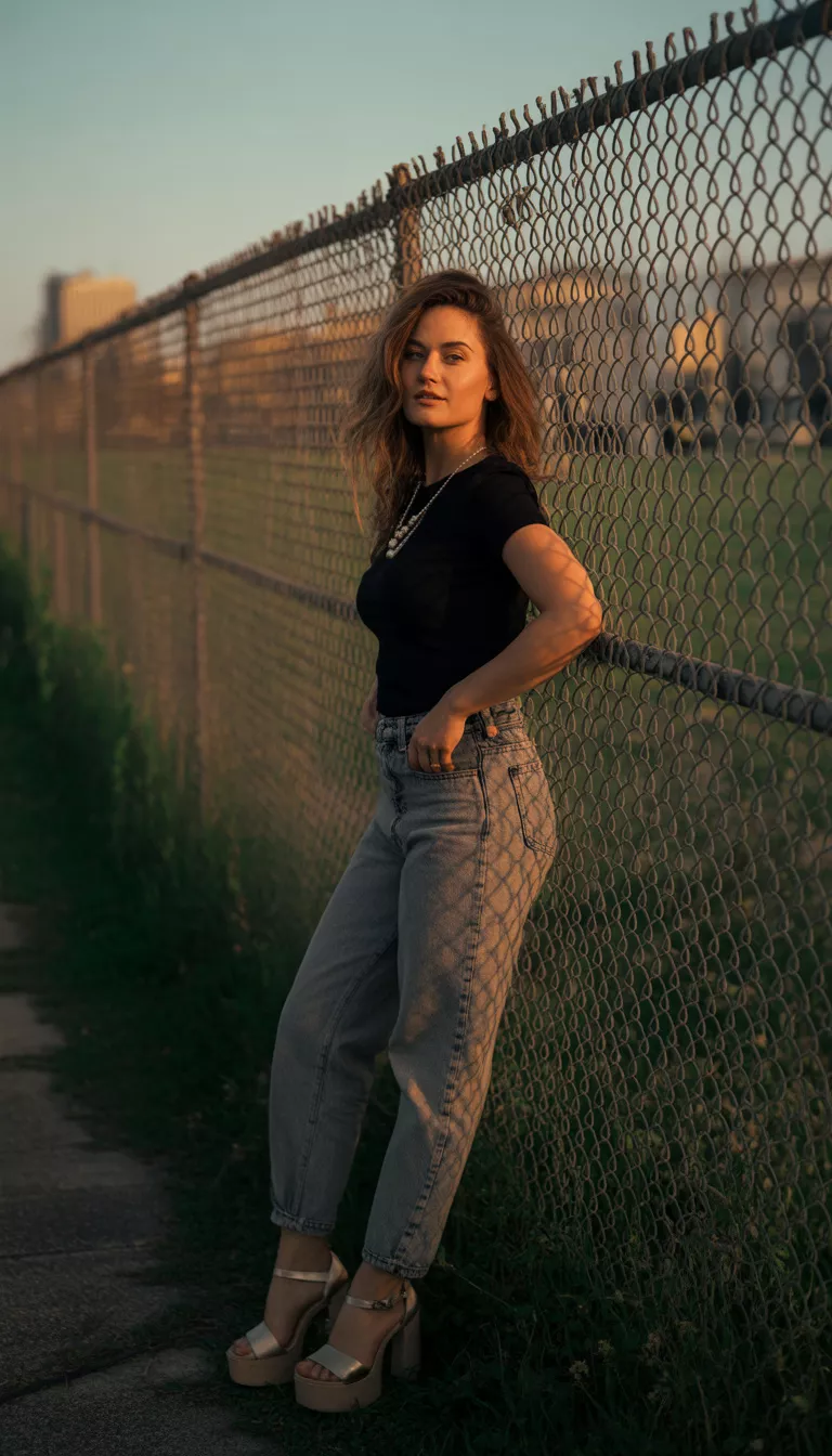 A beautiful woman in a fitted black top, high-waisted gray-washed boyfriend jeans, and high platform sandals, she poses near a chain-link fence.