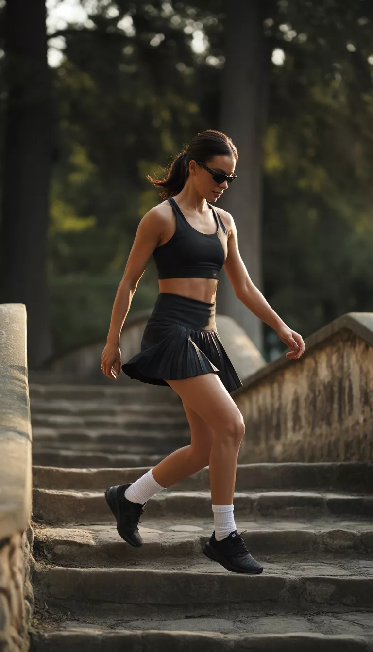 A realistic photo of a woman descending outdoor stone steps wearing a black athletic crop top, a black pleated mini skirt, black athletic shoes with white socks, and dark sunglasses.