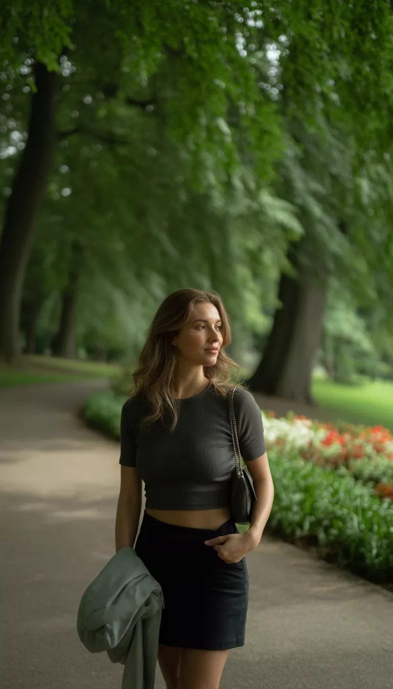 A realistic photo of a woman standing in a lush green park wearing a dark grey fitted crop top, a black mini skirt, and a small dark shoulder bag while holding a light jacket over her arm.
