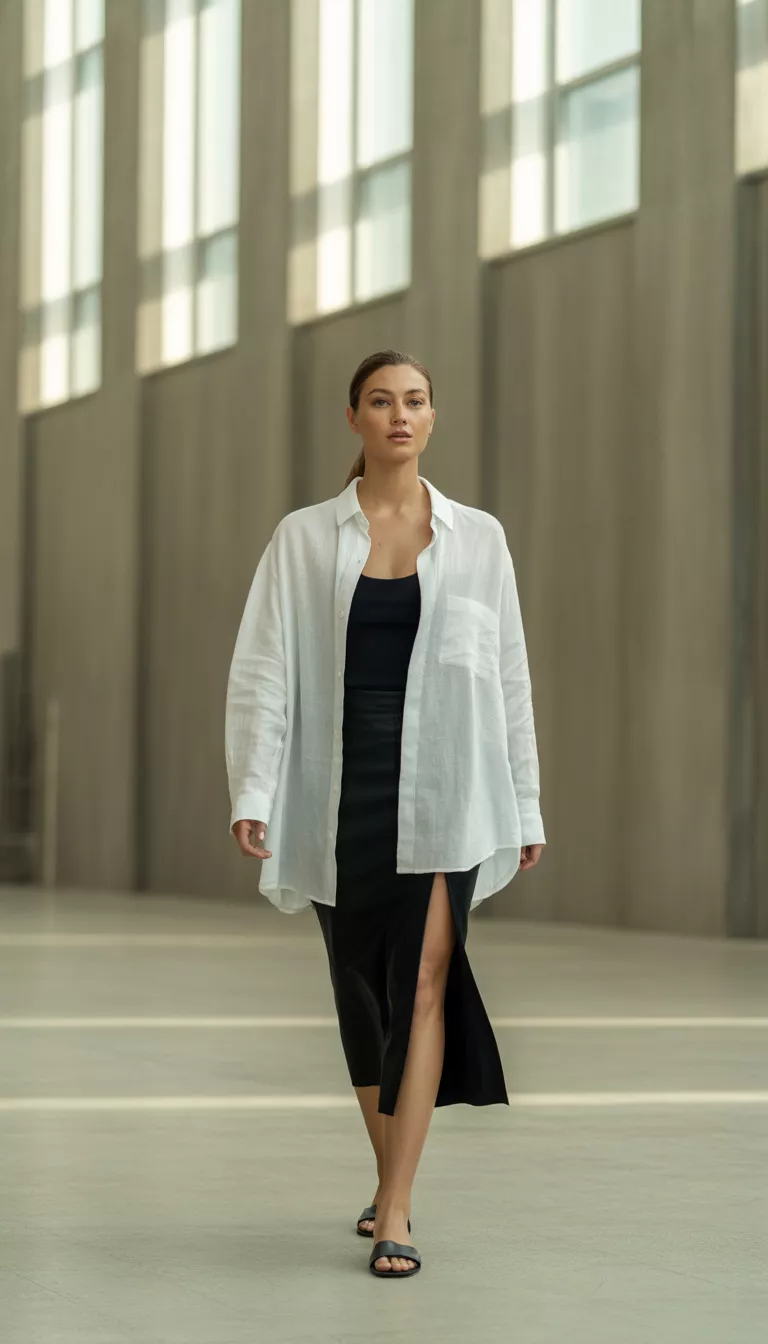 A realistic photo of a woman wearing an oversized unbuttoned white shirt over a black top, paired with a black midi slit skirt and black flat sandals, walking through a minimalist architectural space.