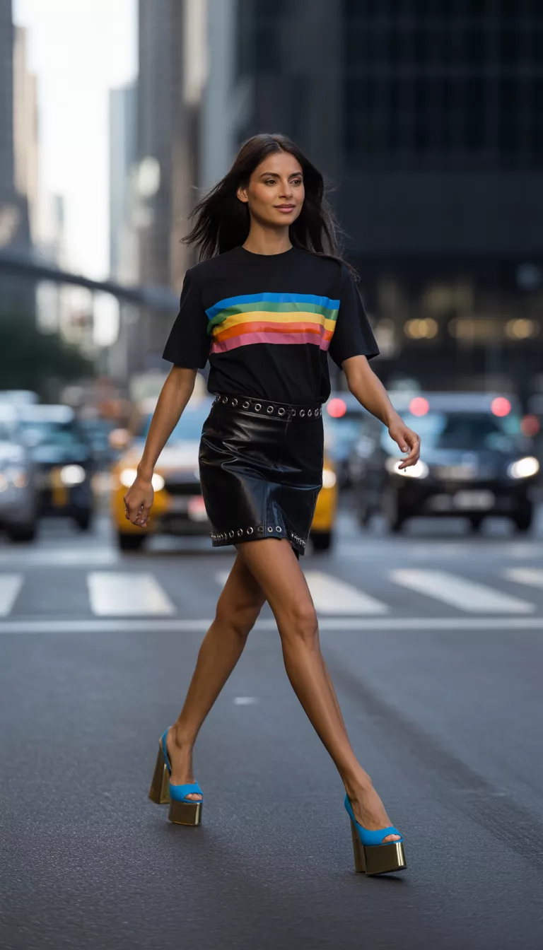 A realistic photo of a model walking across a crosswalk wearing a black graphic tee with rainbow stripes, a black mini skirt with silver grommets, and bright blue and gold platform heels.