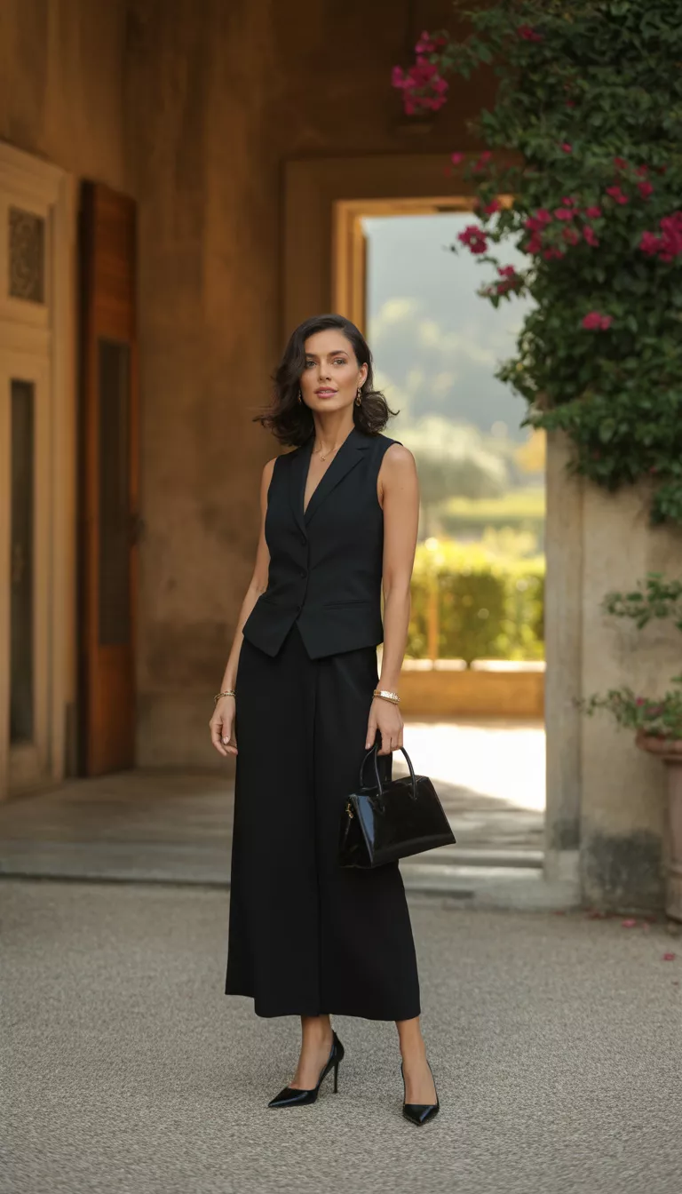 A realistic photo of a woman wearing a fitted black vest, a long flowing black maxi skirt, black pointed heels, and carrying a structured black handbag in an upscale outdoor setting.