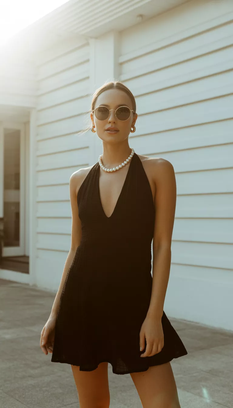 A beautiful woman in a black halter mini dress adorned with pearls around the neckline and round sunglasses, posing outdoors against a white paneled building.