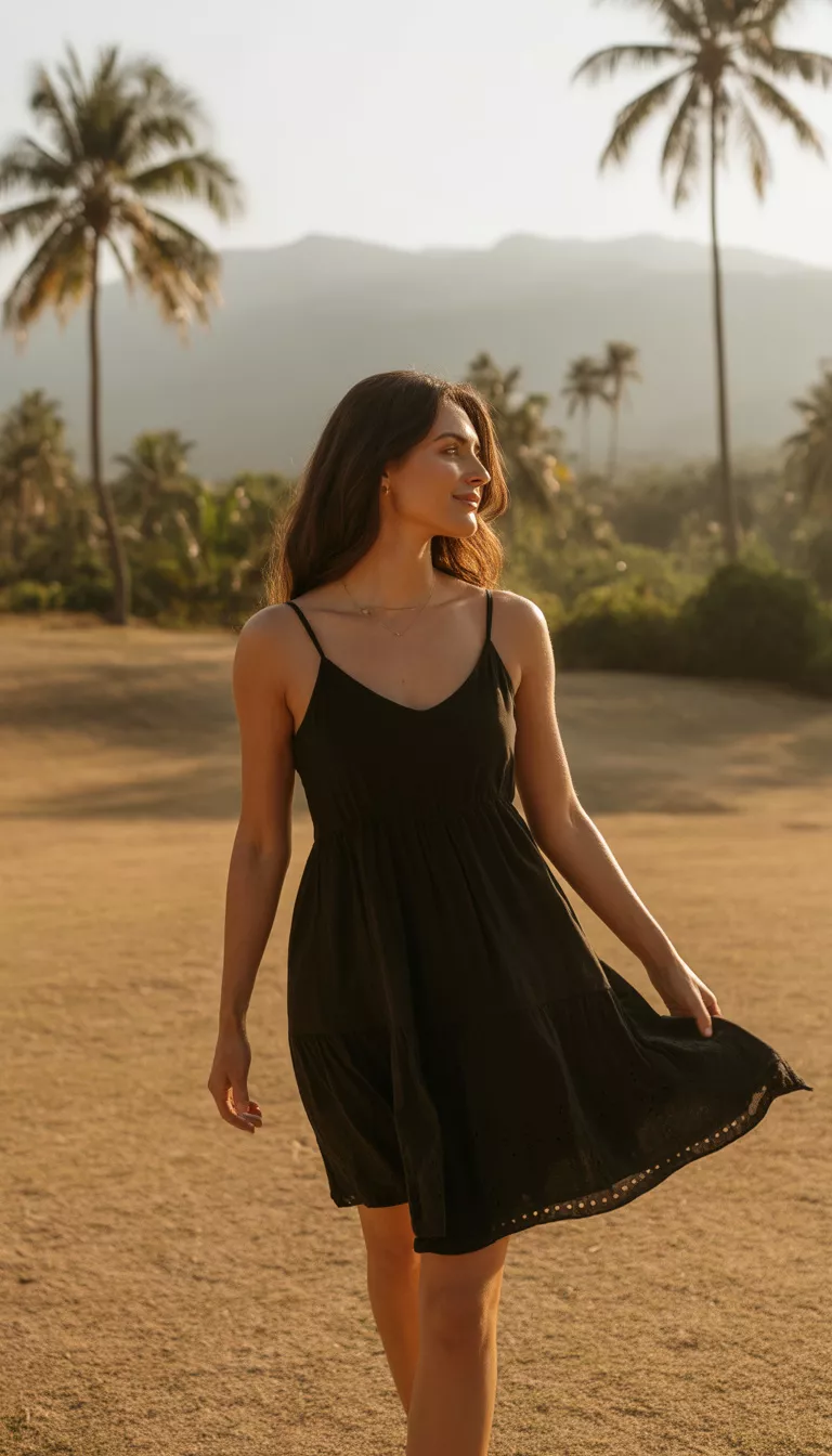A beautiful woman in a flowing black sundress with delicate straps and an eyelet hem, walking across dry ground with palm trees and mountains in the background.