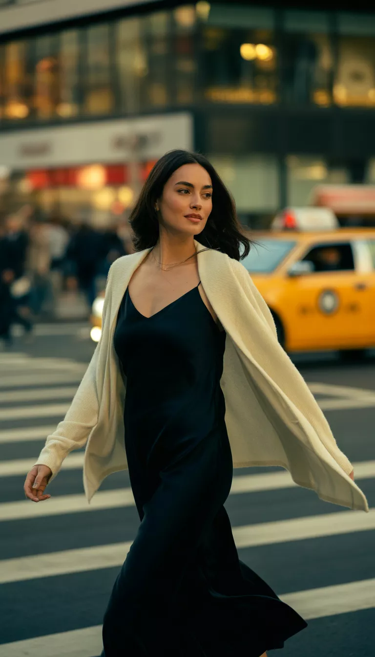 A beautiful woman in a black slip dress, light sweater over her shoulders, walking across a busy city crosswalk in an urban setting.