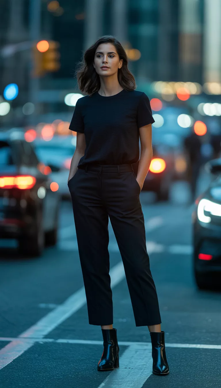 A beautiful woman in a black t-shirt, cropped black trousers, black ankle boots, standing on a city sidewalk with traffic lights in the background.