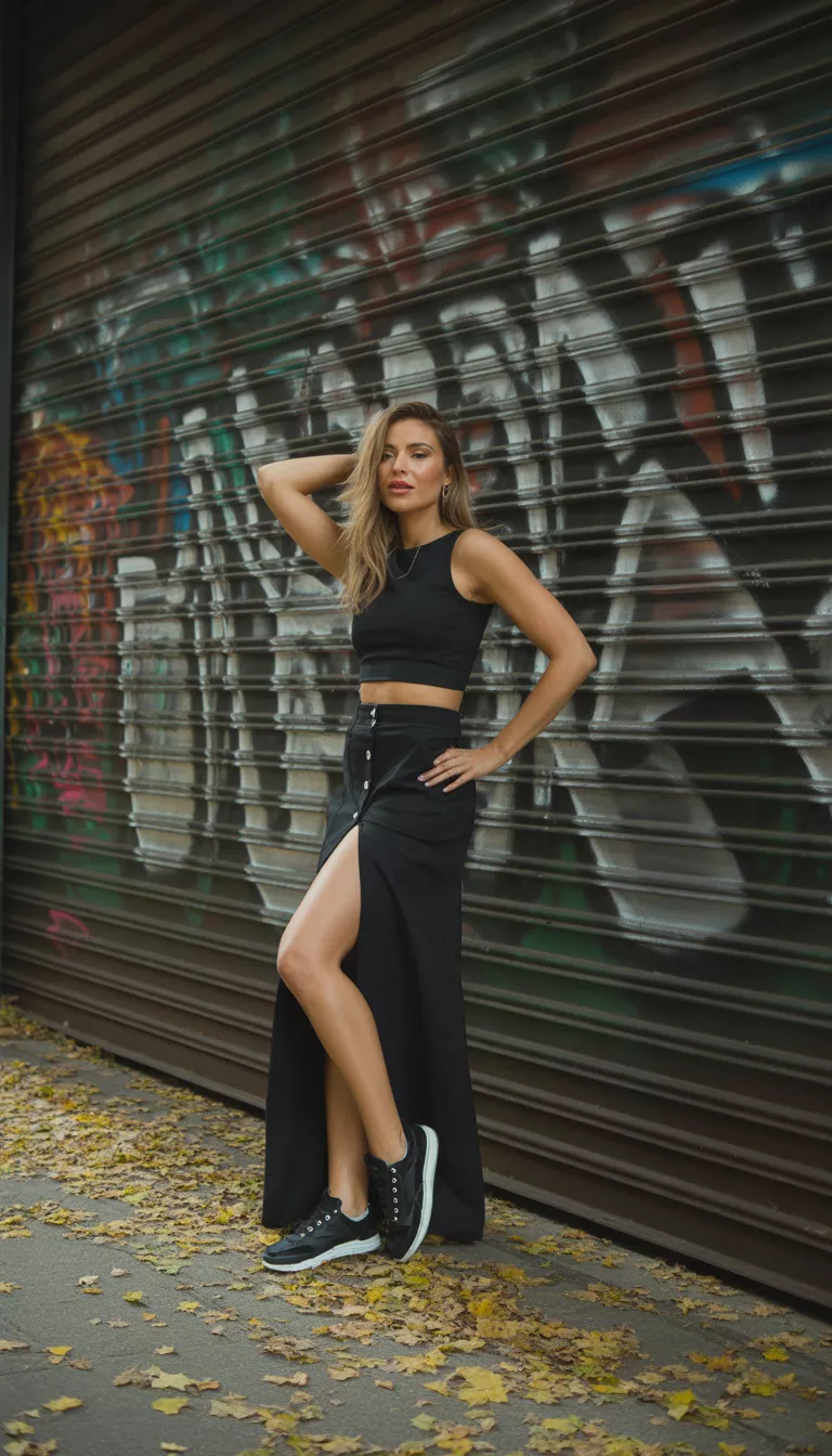 A beautiful woman in a black crop top, long black button-front skirt with a high slit, black sneakers, standing against a metal roll-down door covered in colorful graffiti.