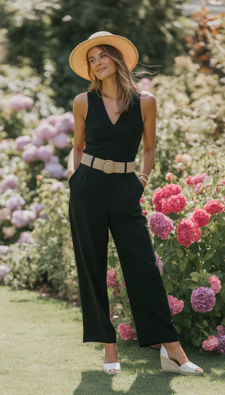 A beautiful woman in a black sleeveless jumpsuit, light belt, straw hat, white wedge espadrilles, standing in a sunny garden with flowers.