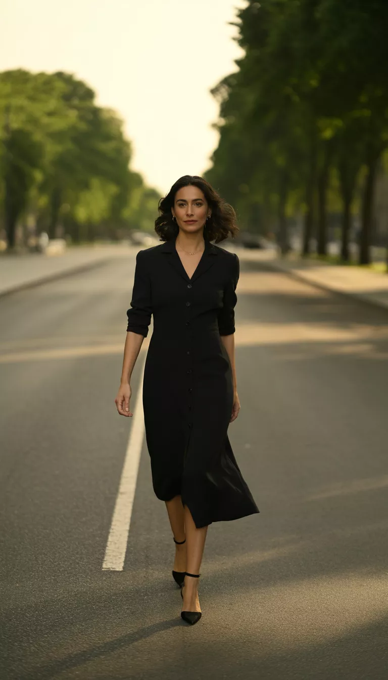 A beautiful woman in a black button-front midi dress, black ankle-strap heels, walking down the center of an empty paved street lined with lush green trees.