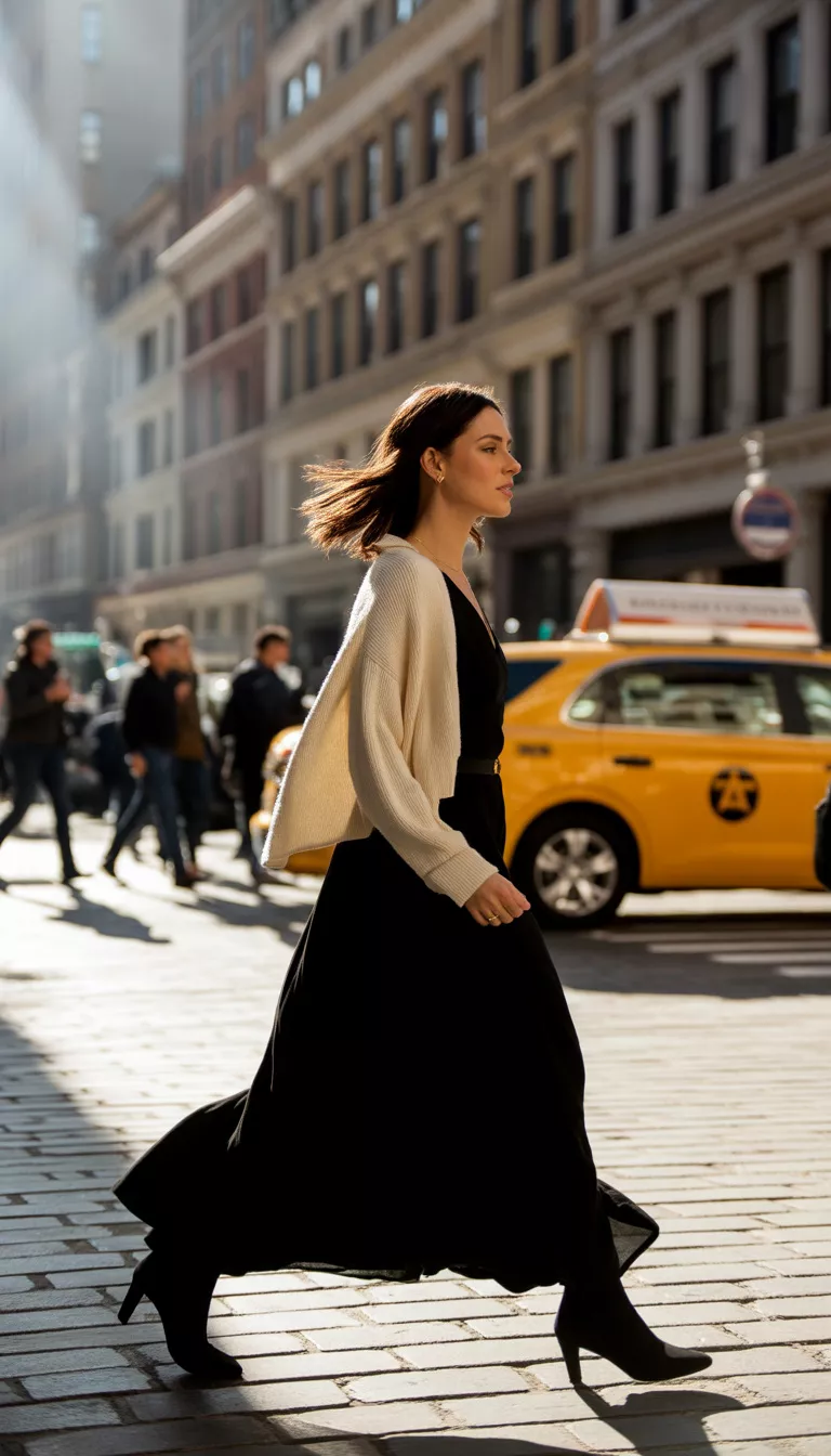 A beautiful woman in a black maxi dress, cream knit sweater over her shoulders, crossing a street in a city setting with brownstone buildings.