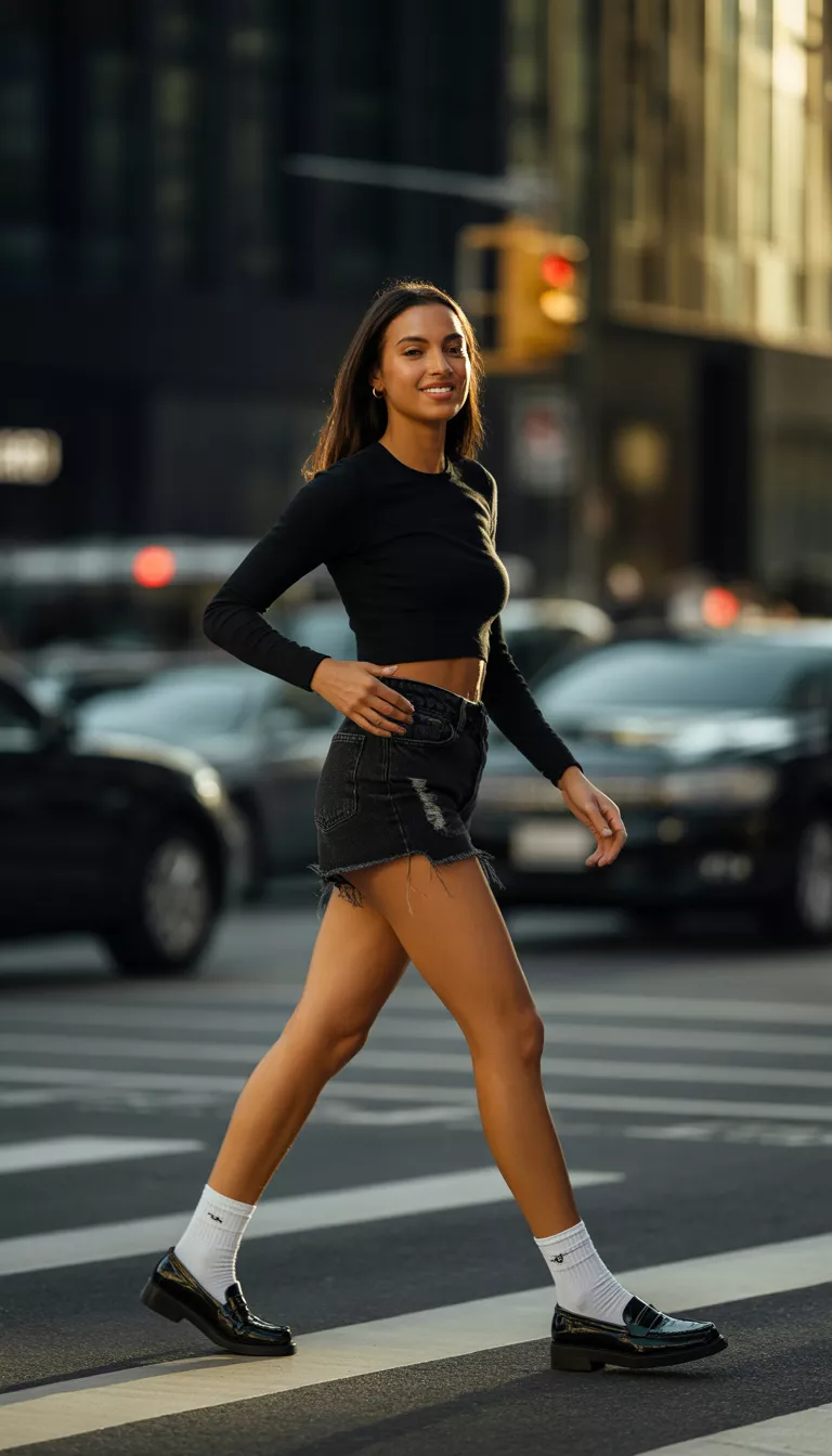 A beautiful woman in a black crop top, black denim shorts, white athletic socks, black loafers, walking confidently across a city crosswalk.