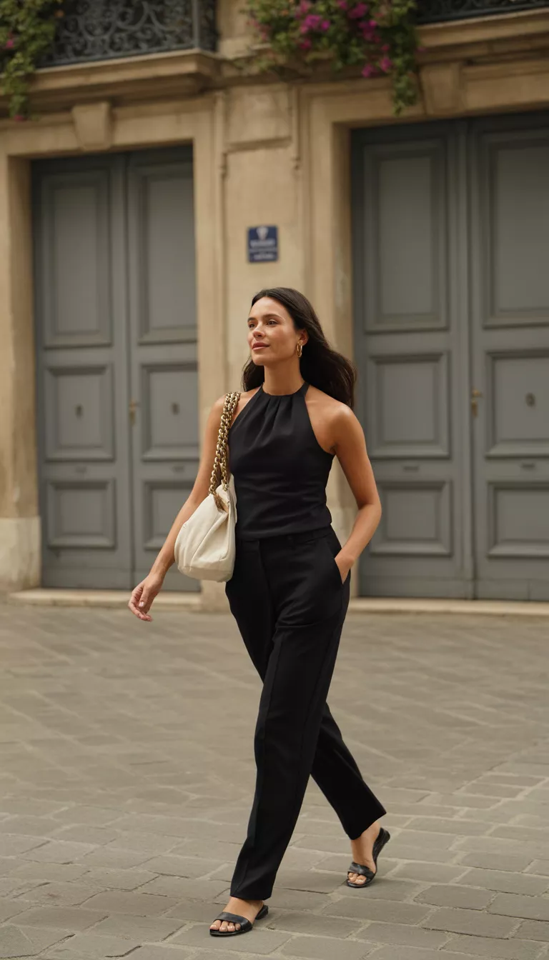 A beautiful woman in a black halter top, black trousers, black slide sandals, she carries a cream-colored chain bag, walking past large grey doors in an outdoor setting.