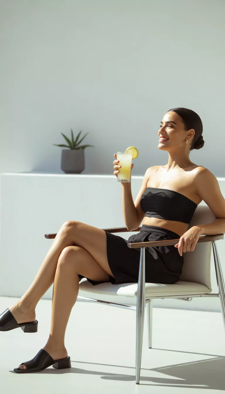 A beautiful woman in a black bandeau top, high-waisted black shorts, and black mules, she sits on a stylish chair holding a refreshing drink against a clean white wall backdrop.