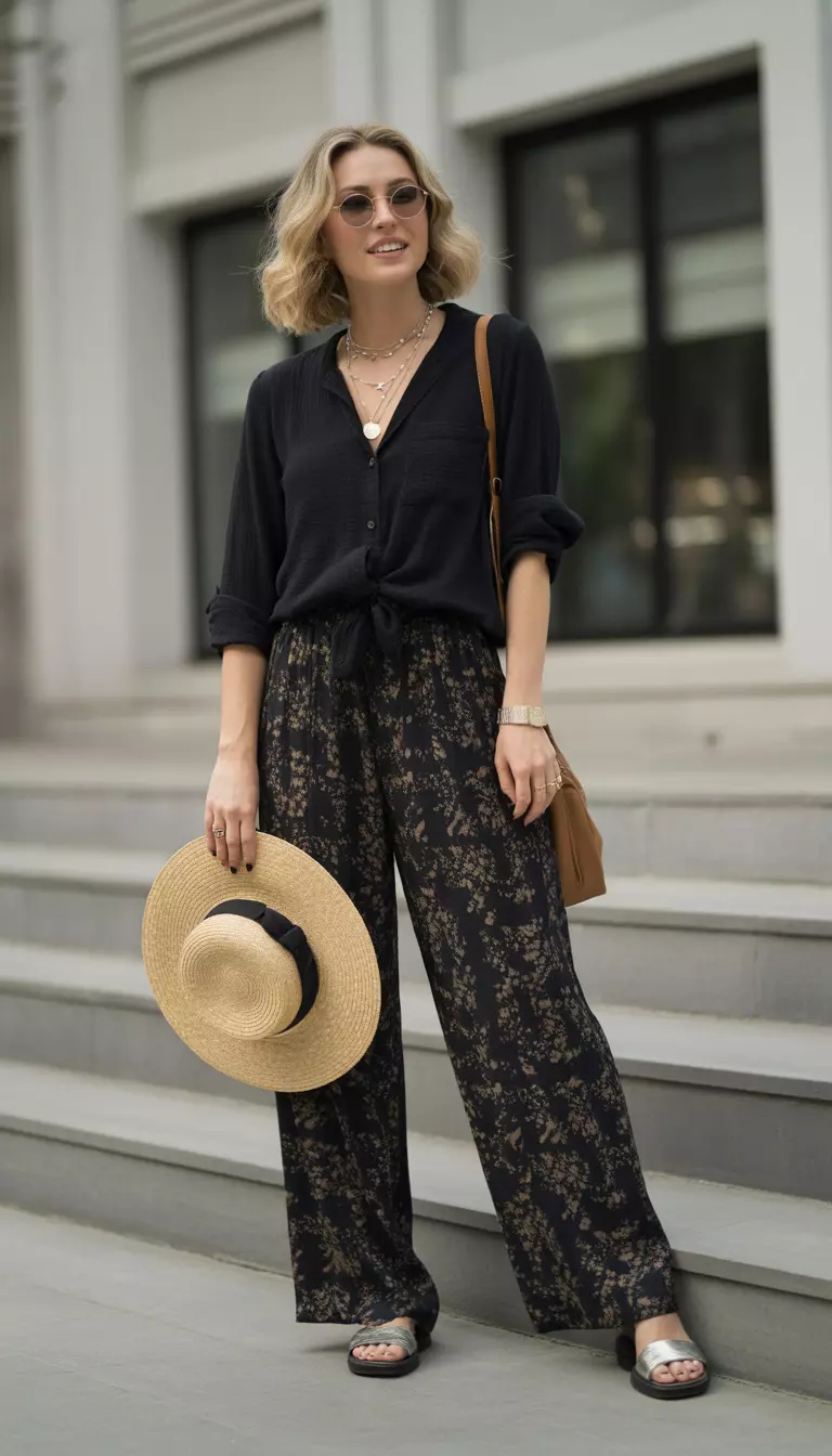 A beautiful woman in a black button-up blouse, patterned dark floral wide-leg pants, sunglasses, layered necklaces, and holding a round straw hat.