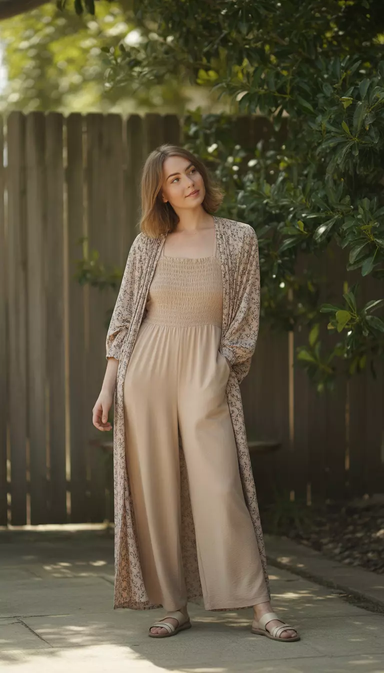 A beautiful woman in a beige smocked jumpsuit, a long patterned floral duster cardigan, and brown flat sandals.