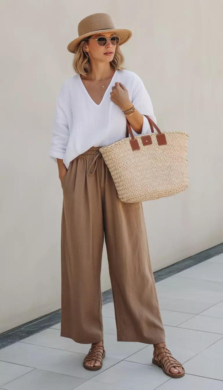 A beautiful woman in a loose white v-neck linen top, high-waisted wide-leg brown linen pants, brown gladiator sandals, and carrying a large straw tote bag.