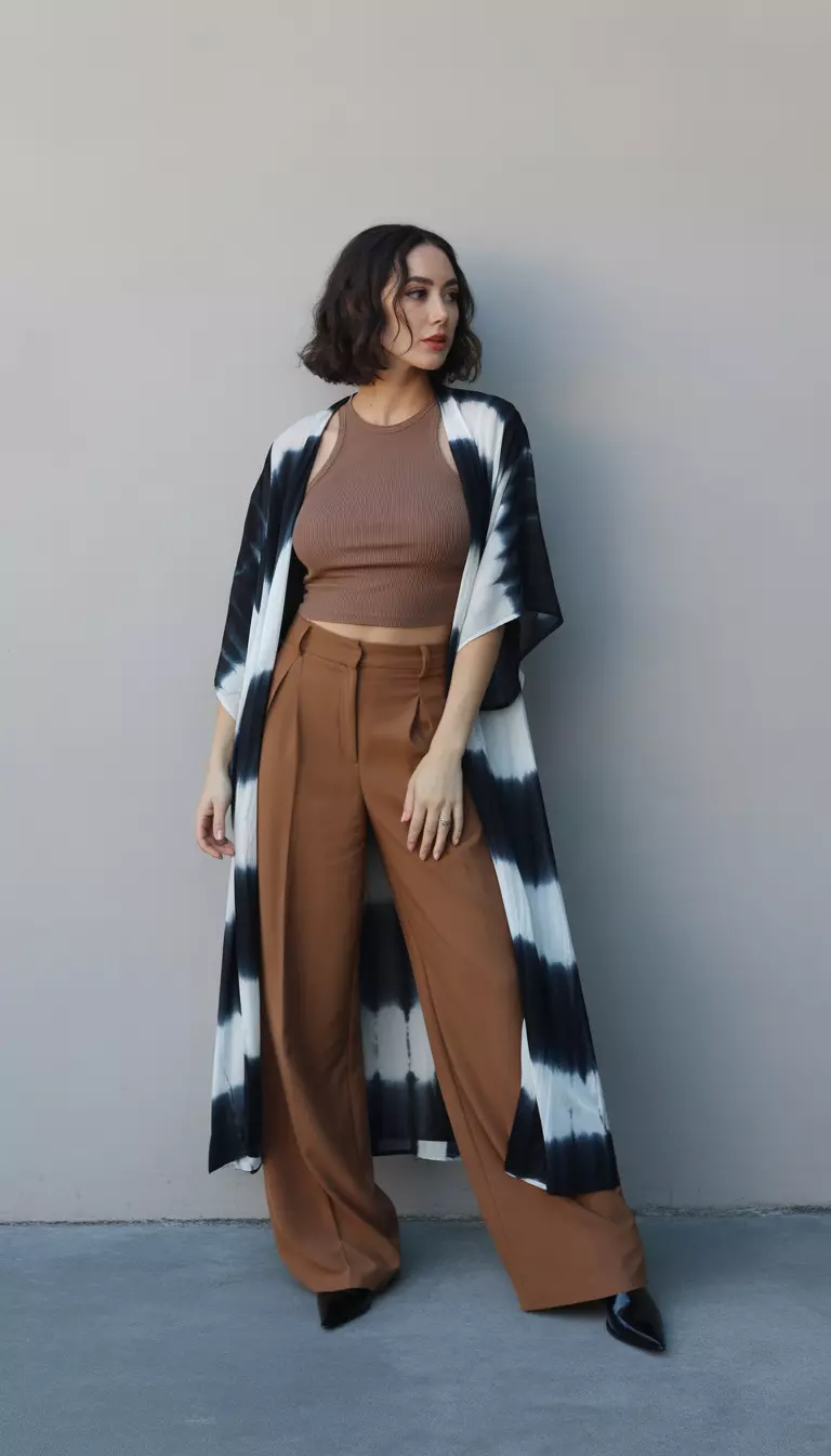 A beautiful woman in a brown fitted top, high-waisted brown wide-leg pants, and a striking black white and blue tie-dye patterned duster kimono.