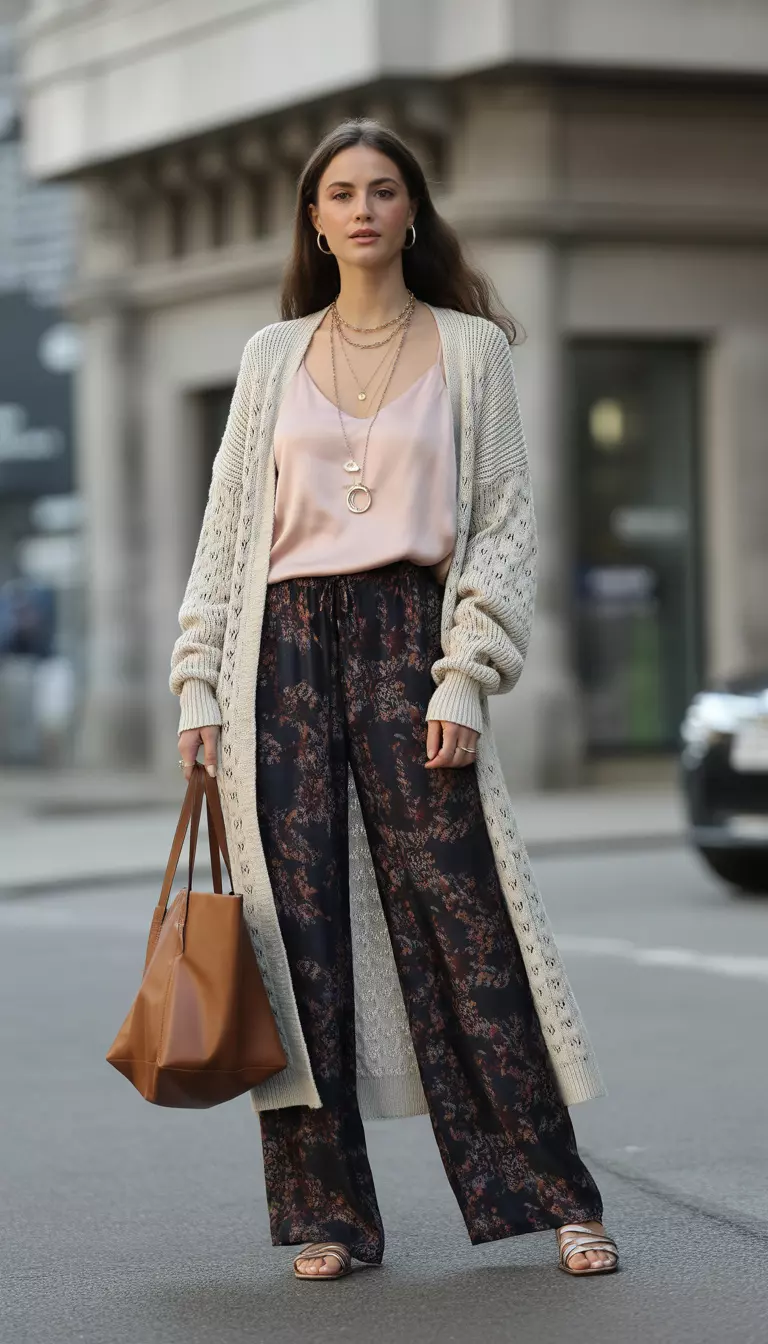 A beautiful woman in a pink camisole, layered necklaces, wide dark floral pants, a long off-white patterned cardigan, and a large brown slouchy bag.