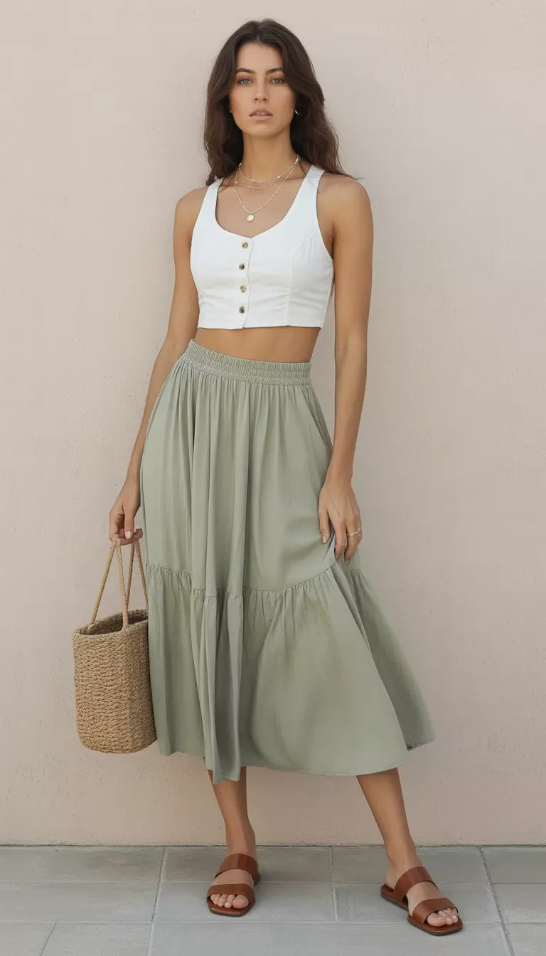 A beautiful woman in a white button-up crop top, a gathered flowing sage green midi skirt, layered delicate jewelry, and brown flat sandals.