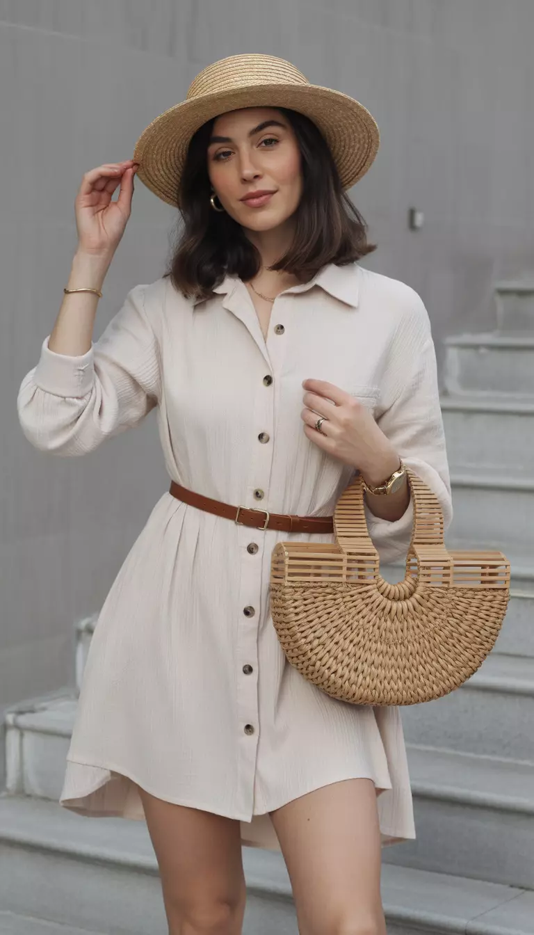 A beautiful woman in a light beige long-sleeved button-up mini dress cinched with a thin brown belt, a straw sunhat, and a matching round straw bag.