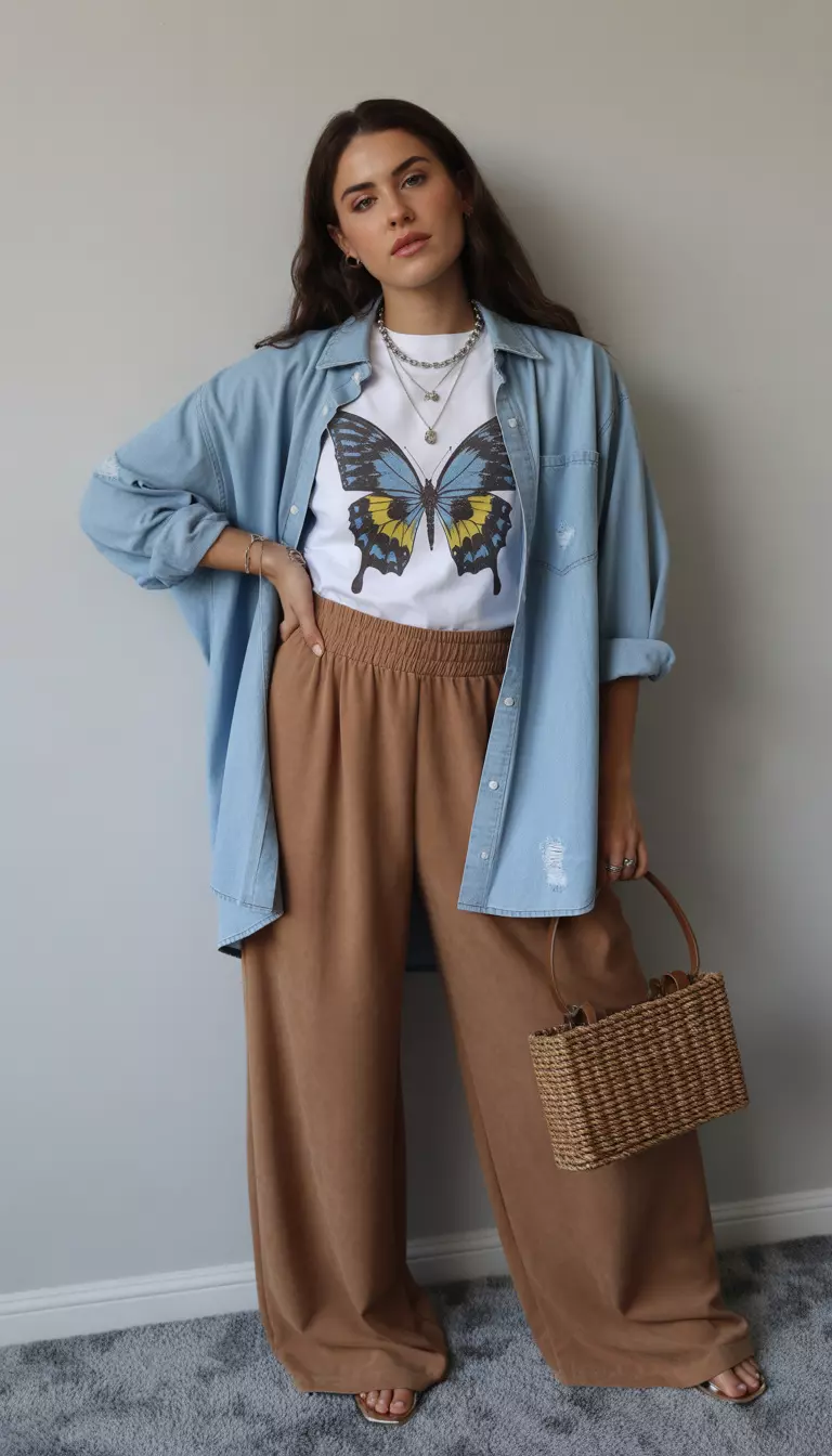 A beautiful woman in a butterfly graphic tee, wide brown palazzo pants, an oversized distressed light blue denim button-up shirt, and layered necklaces.
