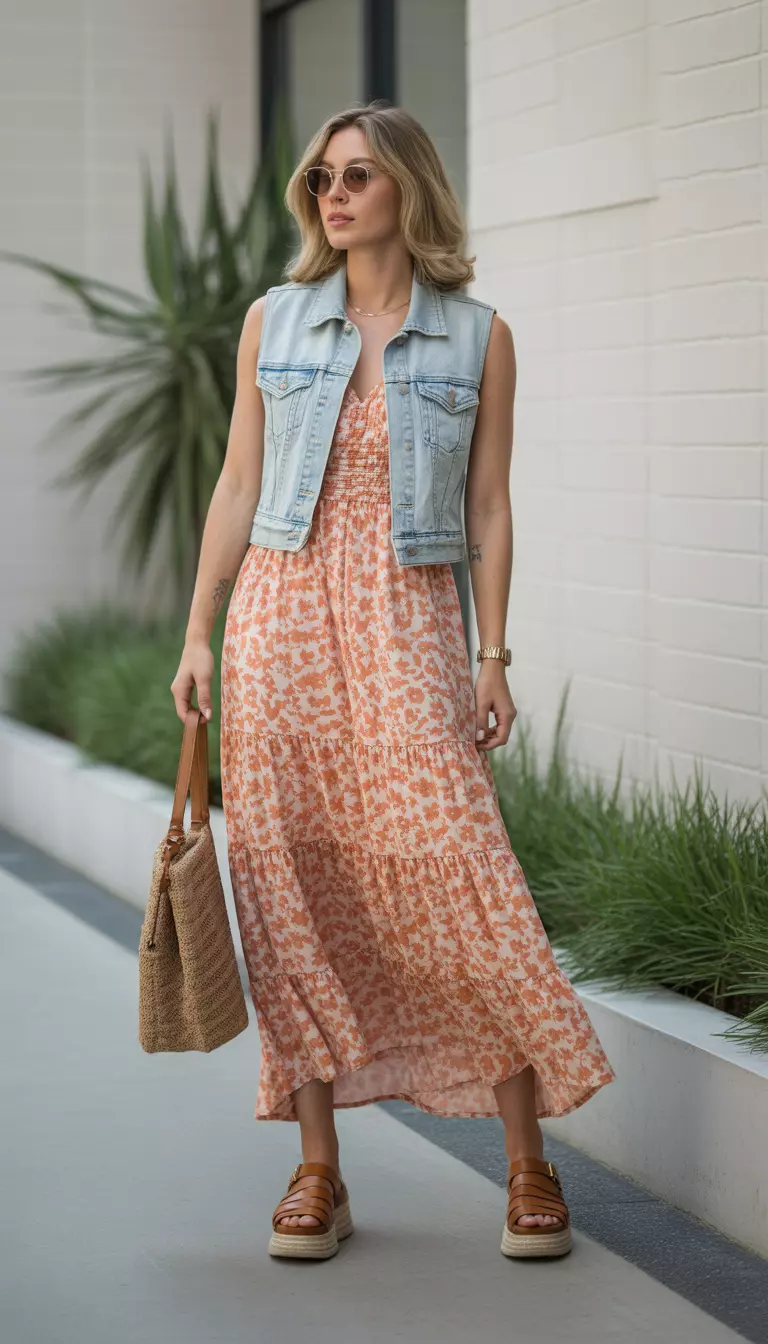 A beautiful woman in an orange and white floral print tiered maxi dress, a light-wash denim vest, sunglasses, and brown platform sandals.