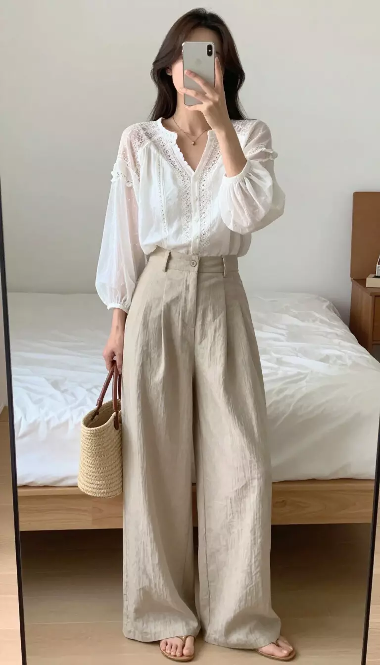 A beautiful woman taking a selfie in her bedroom, large ground mirror with her face not visible in a white sheer lace peasant blouse, high-waisted flowy beige linen pants, and carrying a woven straw handbag.