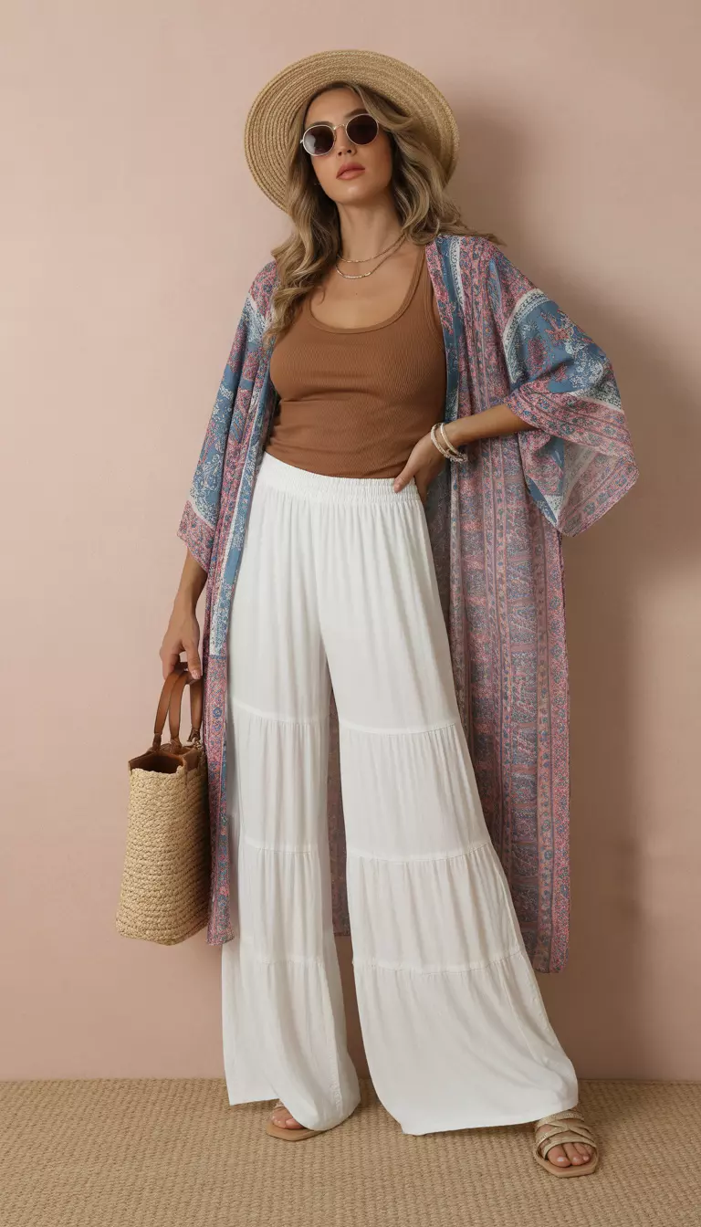 A beautiful woman in a brown fitted tank top, wide white tiered palazzo pants, a long patterned blue and pink bohemian-style kimono, and a straw bag.