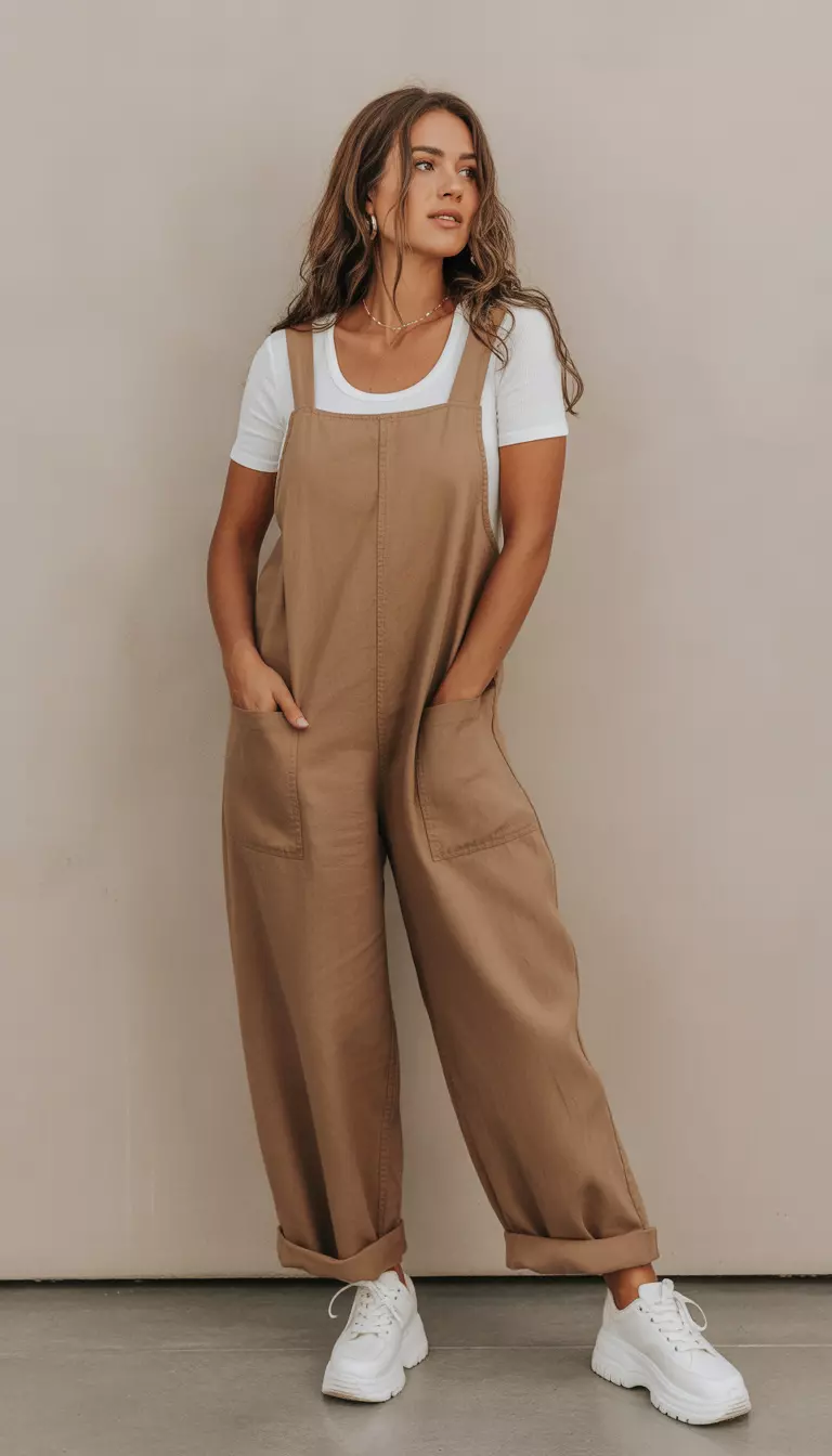 A beautiful woman in a white short-sleeve shirt, a loose wide-leg dusty brown linen overall jumpsuit with large pockets, and chunky white sneakers.