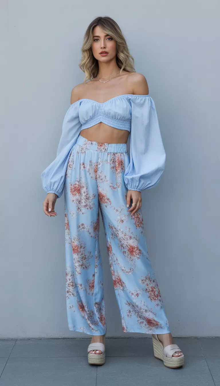 A beautiful woman in a light blue off-the-shoulder crop top with balloon sleeves, high-waisted wide-leg floral print pants, and platform wedge sandals.