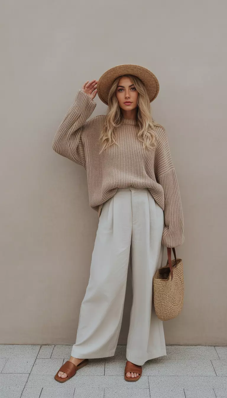 A beautiful woman in an oversized chunky knit beige sweater, wide-leg high-waisted linen trousers, a straw hat, and brown flat slides.