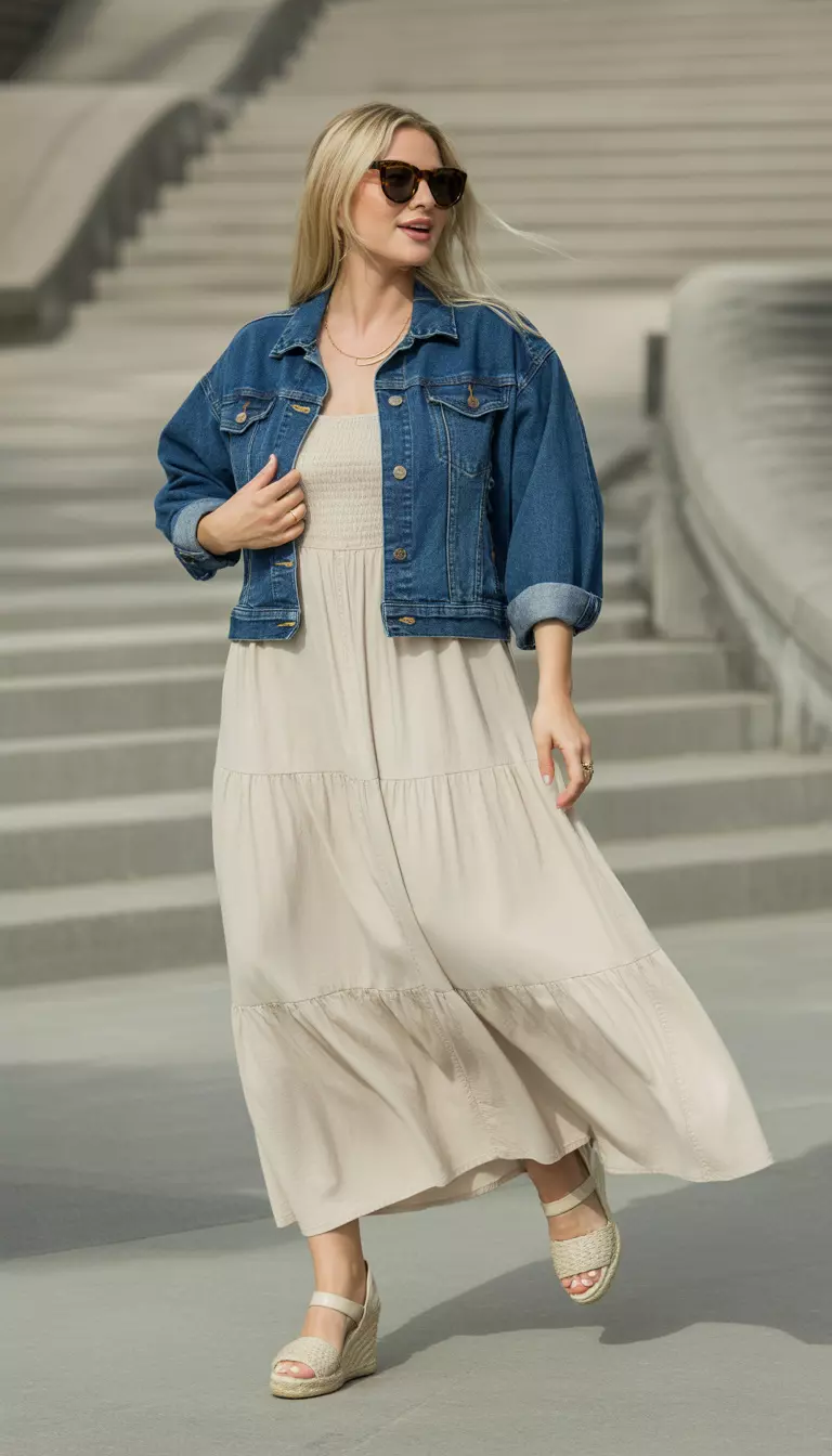 A beautiful woman in a cream-colored tiered maxi dress, a dark wash denim jacket with rolled sleeves, sunglasses, and woven espadrille wedges.