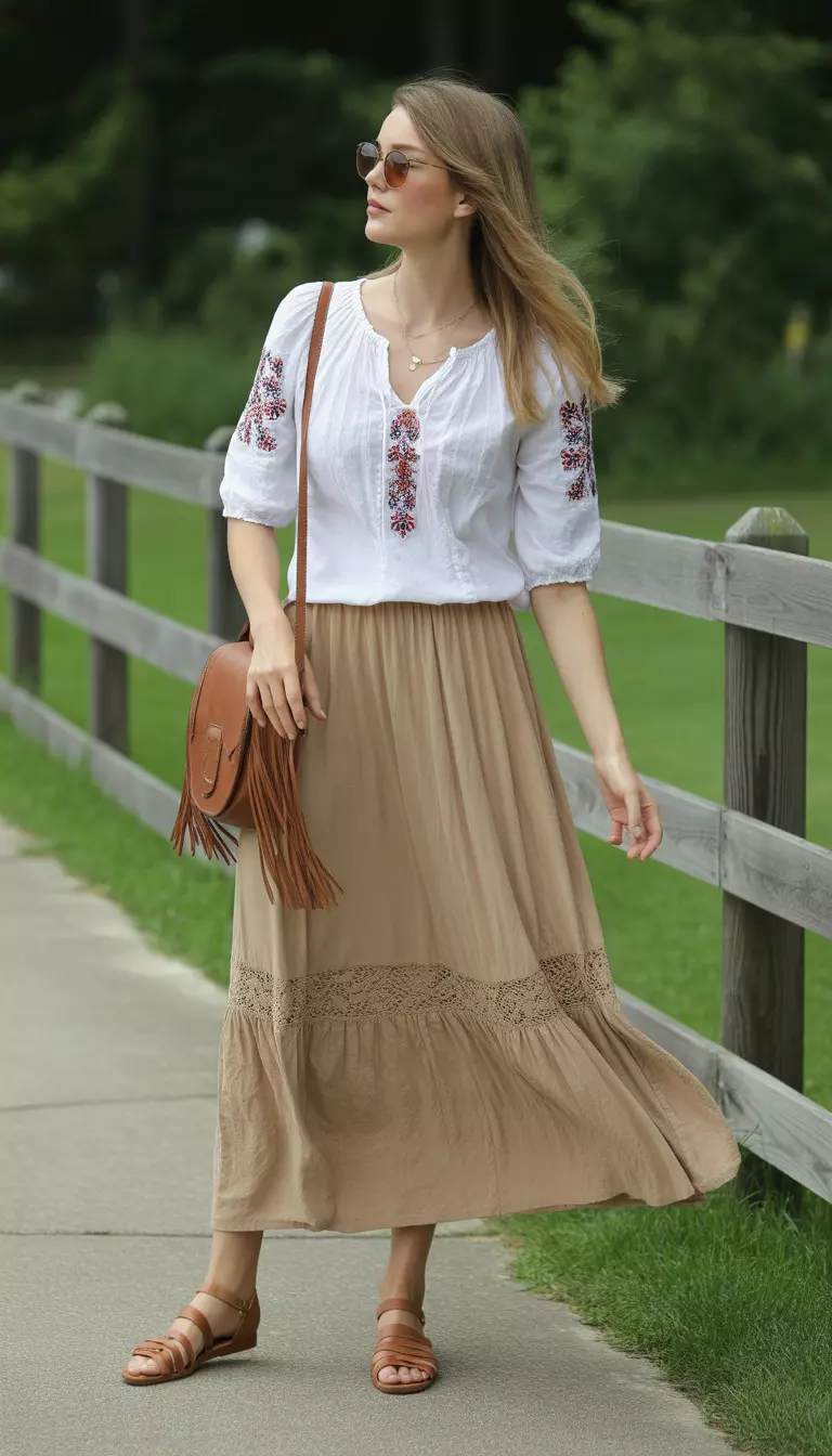 A beautiful woman in an embroidered white peasant blouse, a flowing tan maxi skirt with lace trim, brown leather flat sandals, and a fringe-detailed brown crossbody bag.