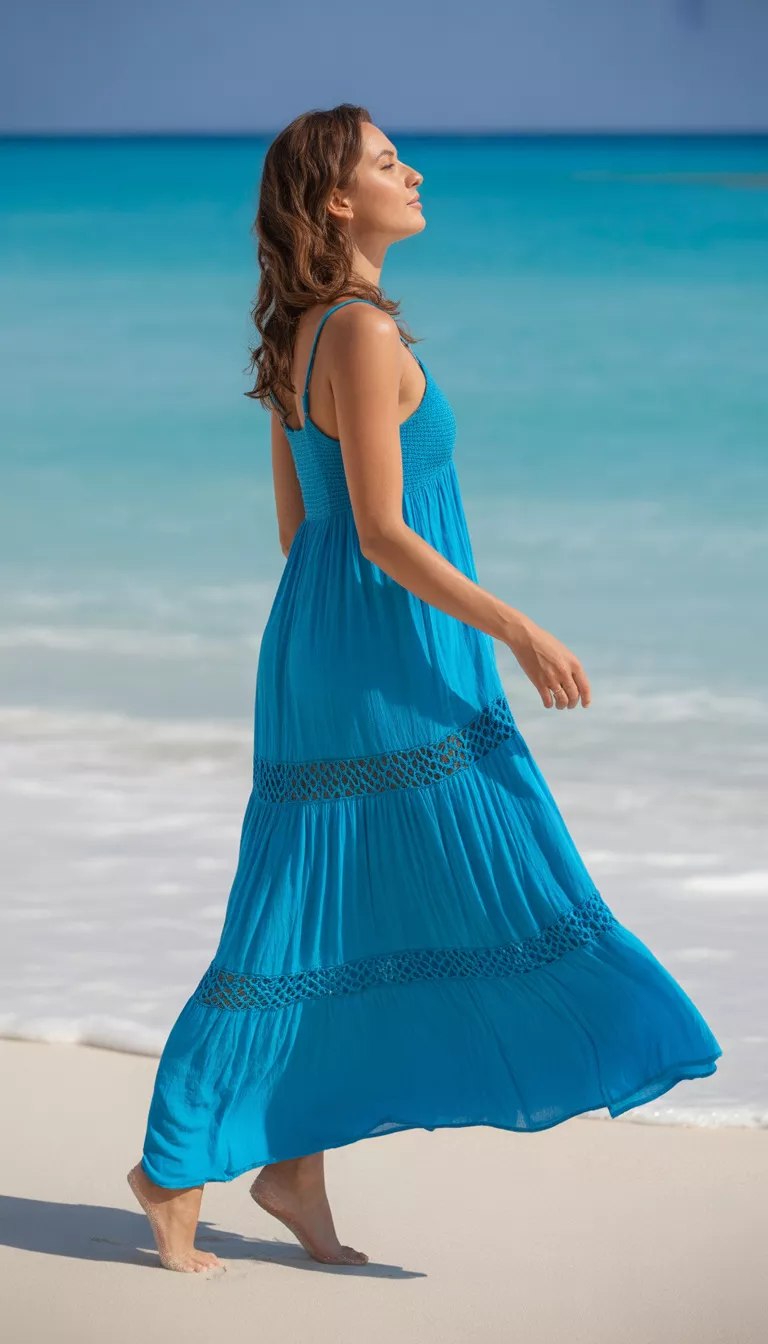 A beautiful woman in a floor length teal blue tiered maxi dress with crocheted details, she stands barefoot on a sunny sandy beach with the ocean as the backdrop.
