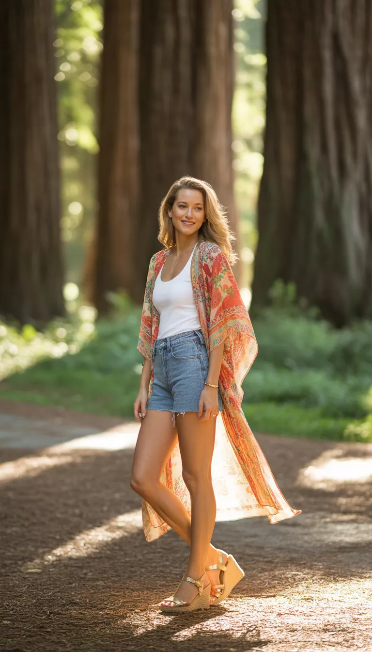 A beautiful woman in blue denim shorts, a white tank, and a colorful floral print kimono draped over her shoulders, she wears wedge sandals near outdoor trees.