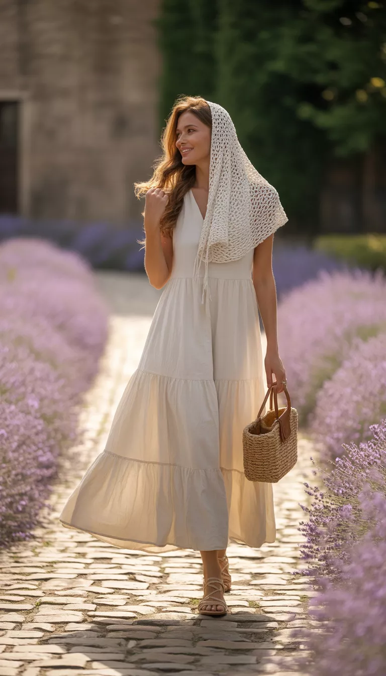 A beautiful woman in a long flowing white tiered dress and a white crocheted headscarf, she carries a woven handbag while walking in a sunny outdoor paved area.