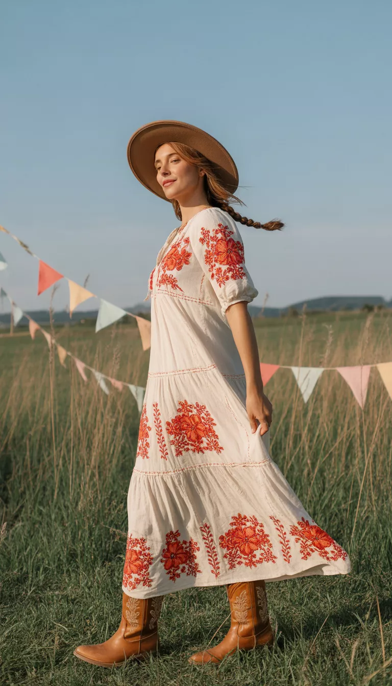 A beautiful woman in a tiered white maxi dress with red floral embroidery, she wears brown cowboy boots and a brown hat in a grassy outdoor setting with bunting flags.