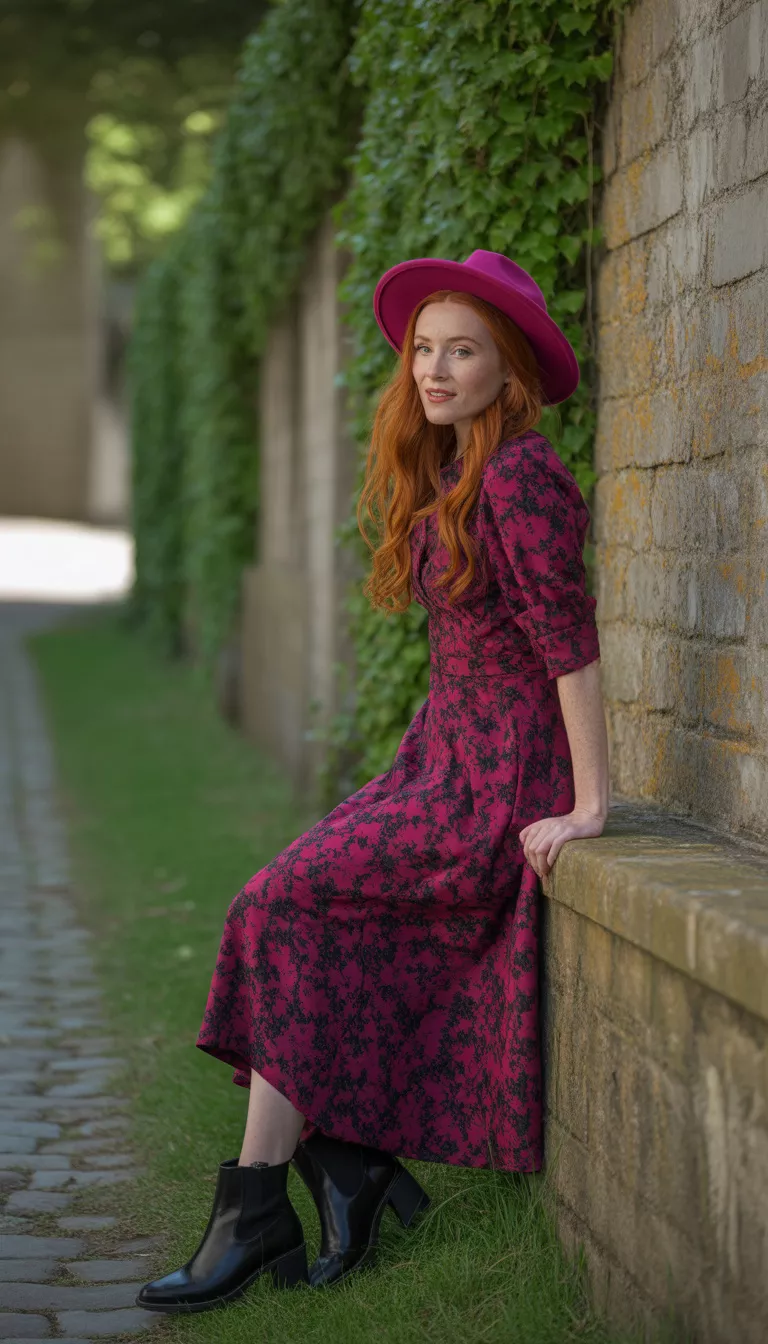 A beautiful redhead woman in a vibrant pink and black floral print midi dress, she wears a magenta fedora and black ankle boots while leaning on a stone wall.